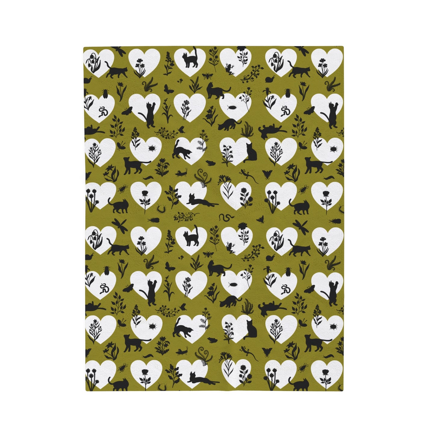 Adorable 'Heart Cats' Velveteen Plush Blanket, Olive