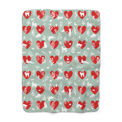 Cozy Heart Cats Sherpa Blanket, Fleece Throw for Cat Lovers, Valentine's Day, Warm Home Decor, Gift for Her