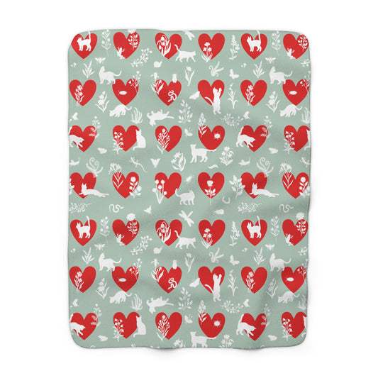 Cozy Heart Cats Sherpa Blanket, Fleece Throw for Cat Lovers, Valentine's Day, Warm Home Decor, Gift for Her