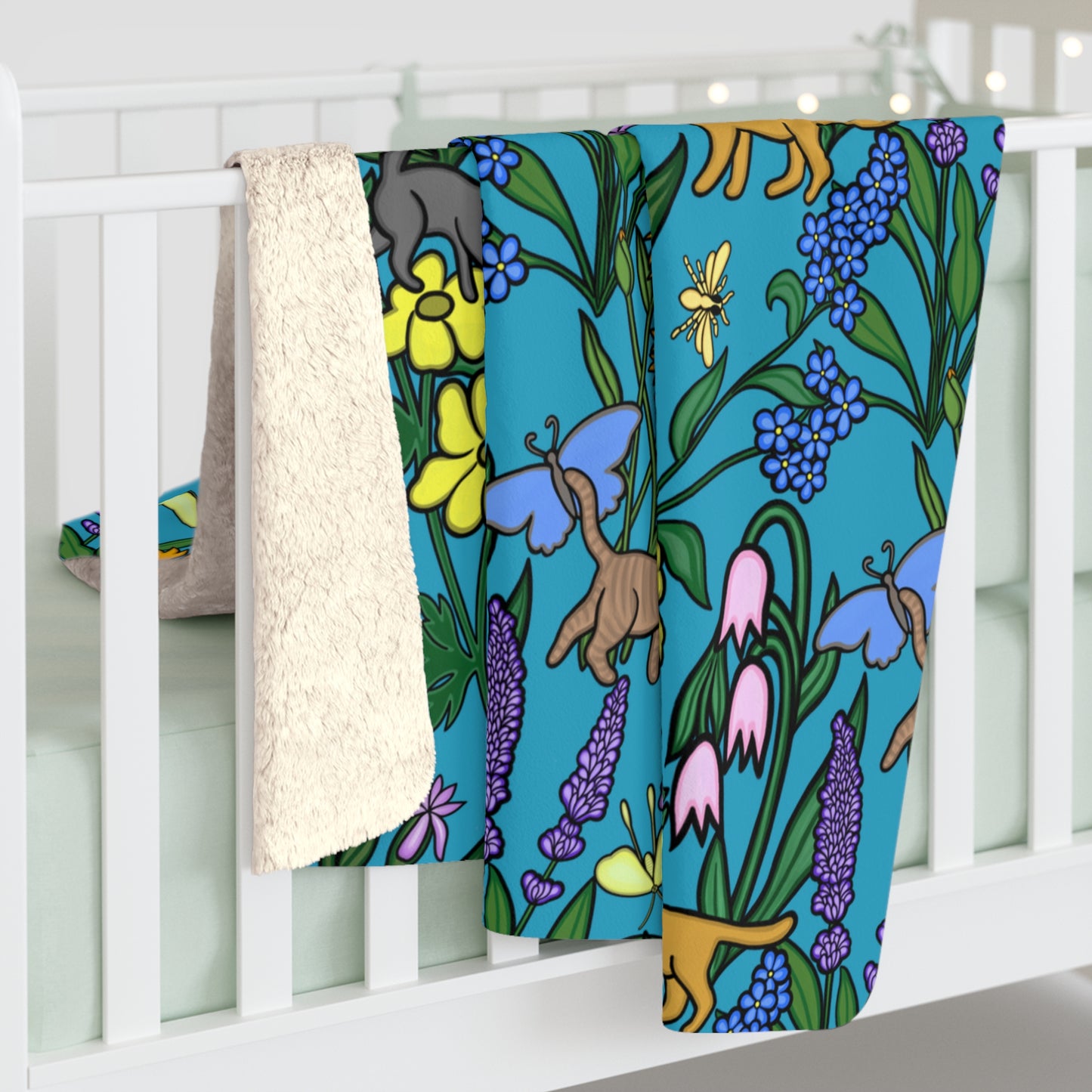 Flower Garden Cats Sherpa Fleece Blanket in Teal, Super Soft, Home Decor, Gift for Nature and Cat Lovers, Warm Blanket, USA Artist