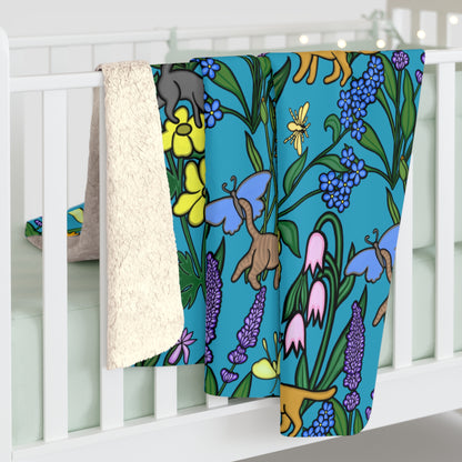 Flower Garden Cats Sherpa Fleece Blanket in Teal, Super Soft, Home Decor, Gift for Nature and Cat Lovers, Warm Blanket, USA Artist
