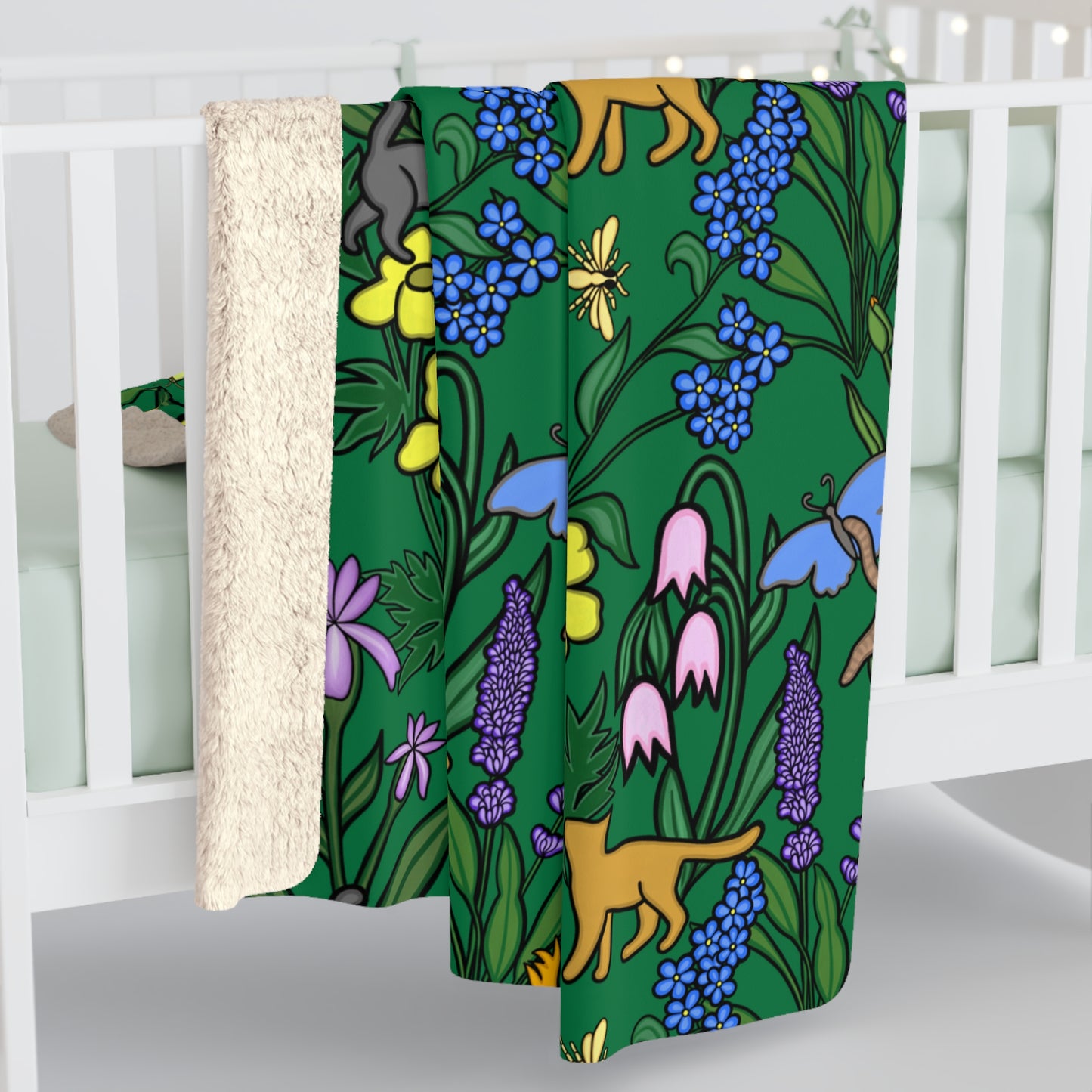 Flower Garden Cats Sherpa Fleece Blanket in Brunswick Green, Super Soft, Home Decor, Gift for Nature and Cat Lovers