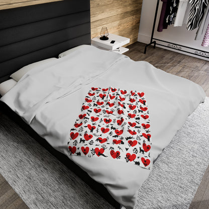 Adorable 'Heart Cats' Velveteen Plush Blanket, White&Red