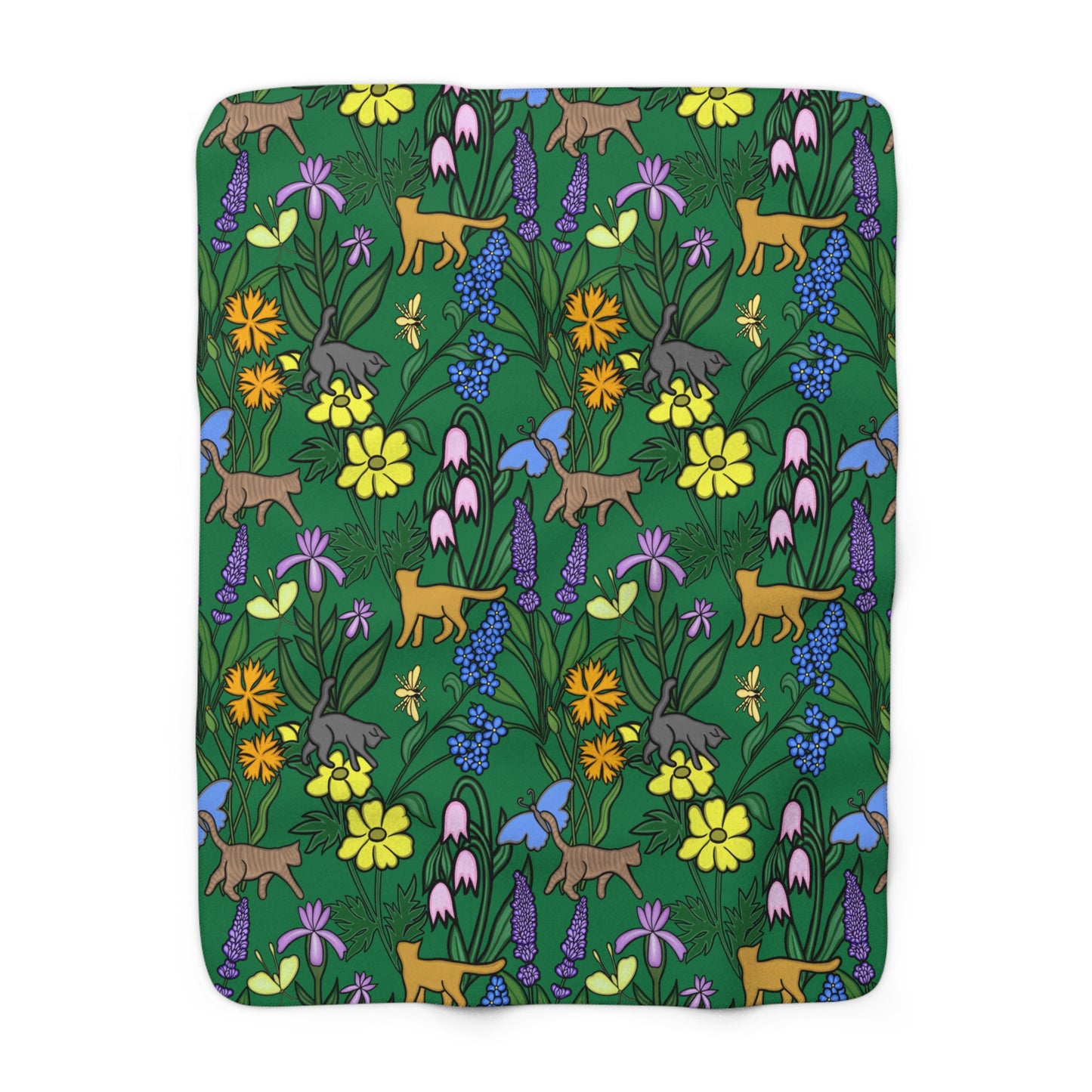 Flower Garden Cats Sherpa Fleece Blanket in Brunswick Green, Super Soft, Home Decor, Gift for Nature and Cat Lovers