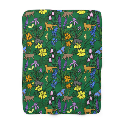 Flower Garden Cats Sherpa Fleece Blanket in Brunswick Green, Super Soft, Home Decor, Gift for Nature and Cat Lovers