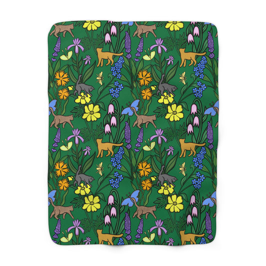 Flower Garden Cats Sherpa Fleece Blanket in Brunswick Green, Super Soft, Home Decor, Gift for Nature and Cat Lovers