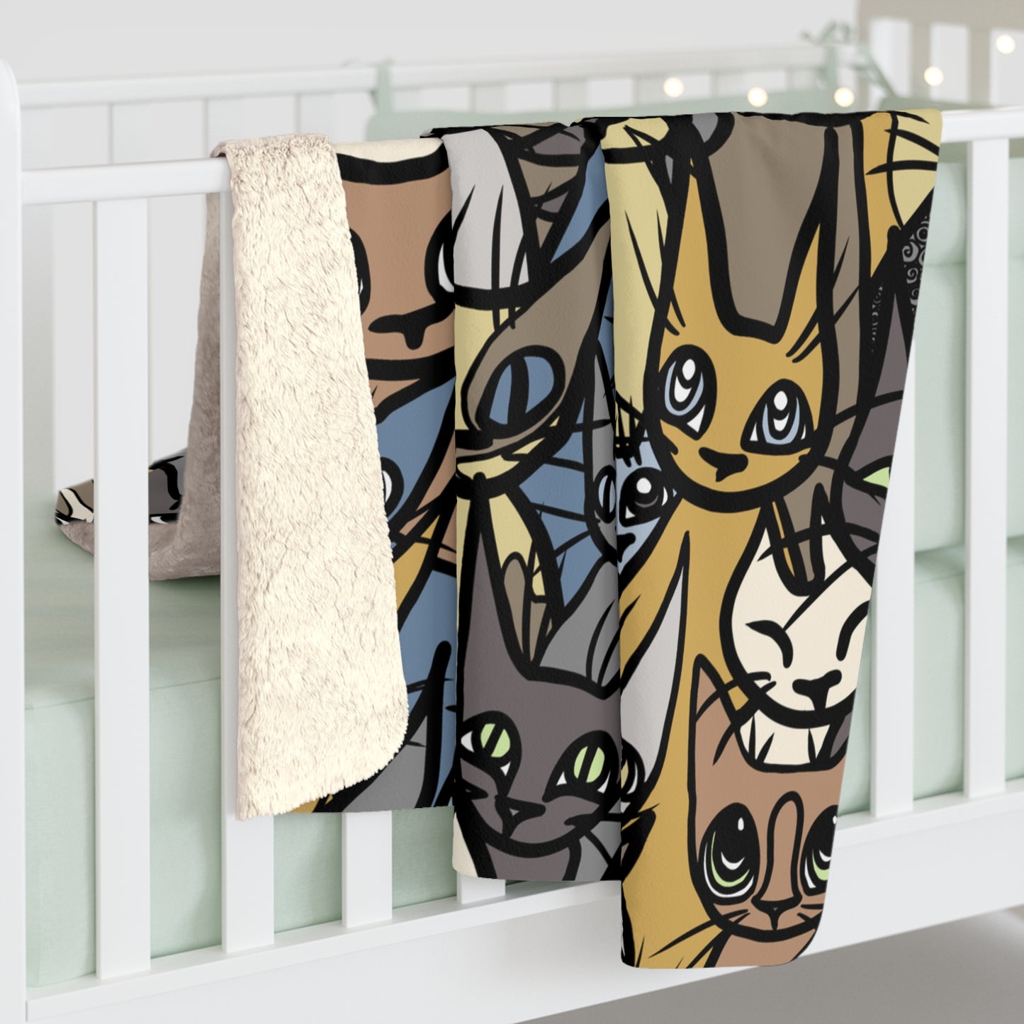 Super Soft Sherpa Fleece Blanket, 'Cozy Crowd' in Brown, Blue and Green