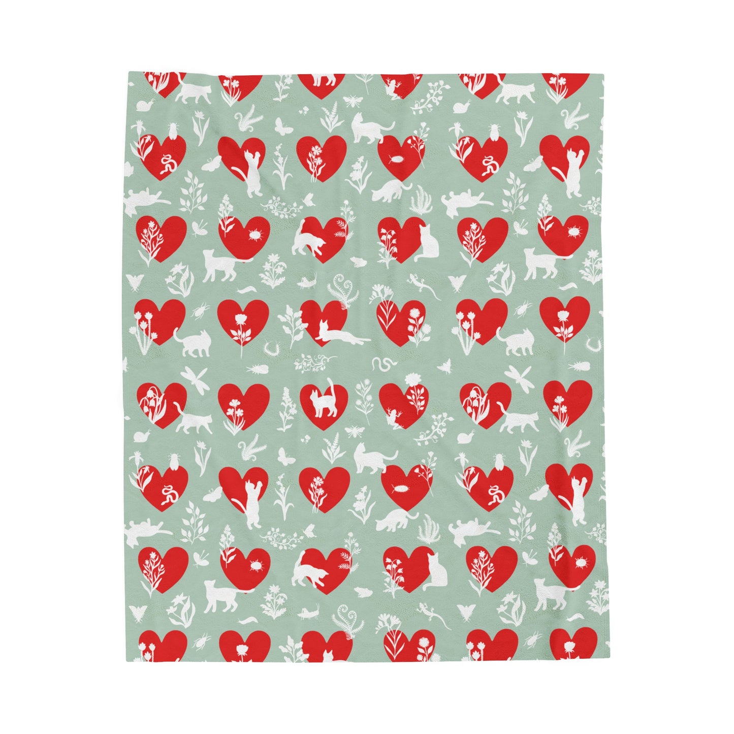 Adorable 'Heart Cats 'Velveteen Plush Blanket,  Seafoam&Red