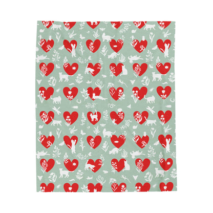 Adorable 'Heart Cats 'Velveteen Plush Blanket,  Seafoam&Red