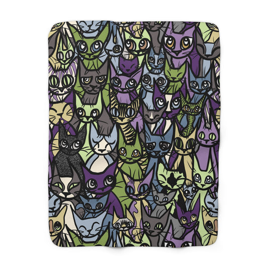 'Cozy Crowd' Cat Sherpa Fleece Blanket, Cute Cat Decor, Gifts for Cat Lovers, Warm Throw Blanket, Unique Cat Patterns, Pet Lover's Gift
