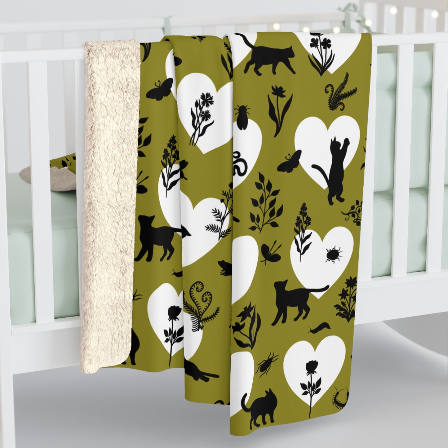 'Heart Cats' Sherpa Fleece Blanket, Olive