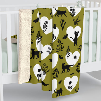 'Heart Cats' Sherpa Fleece Blanket, Olive