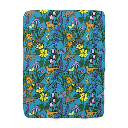 Flower Garden Cats Sherpa Fleece Blanket in Teal, Super Soft, Home Decor, Gift for Nature and Cat Lovers, Warm Blanket, USA Artist