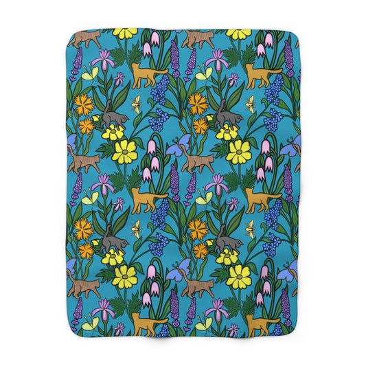 Flower Garden Cats Sherpa Fleece Blanket in Teal, Super Soft, Home Decor, Gift for Nature and Cat Lovers, Warm Blanket, USA Artist