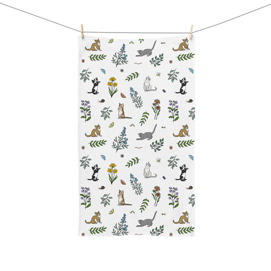 Wildflower Kittens and Bugs Hand Towel — Floral Kitchen or Guest Towel