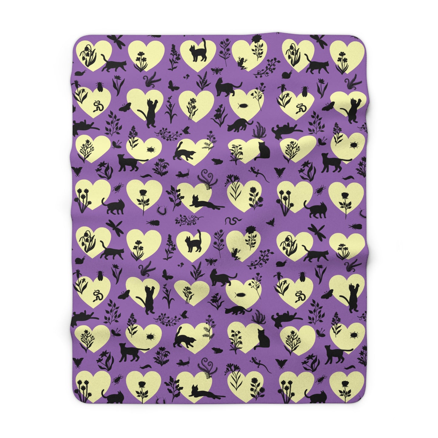 'Heart Cats' Sherpa Fleece Blanket, Witchy Purple&Yellow