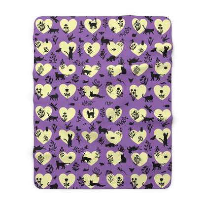 'Heart Cats' Sherpa Fleece Blanket, Witchy Purple&Yellow