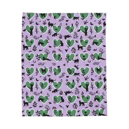 Adorable 'Heart Cats' Velveteen Plush Blanket, Lavender&Brunswick
