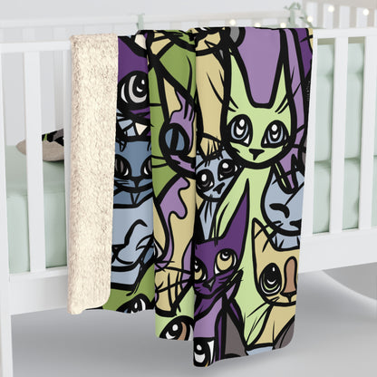 Super Soft Sherpa Fleece Blanket, 'Cozy Crowd' in Purple and Green