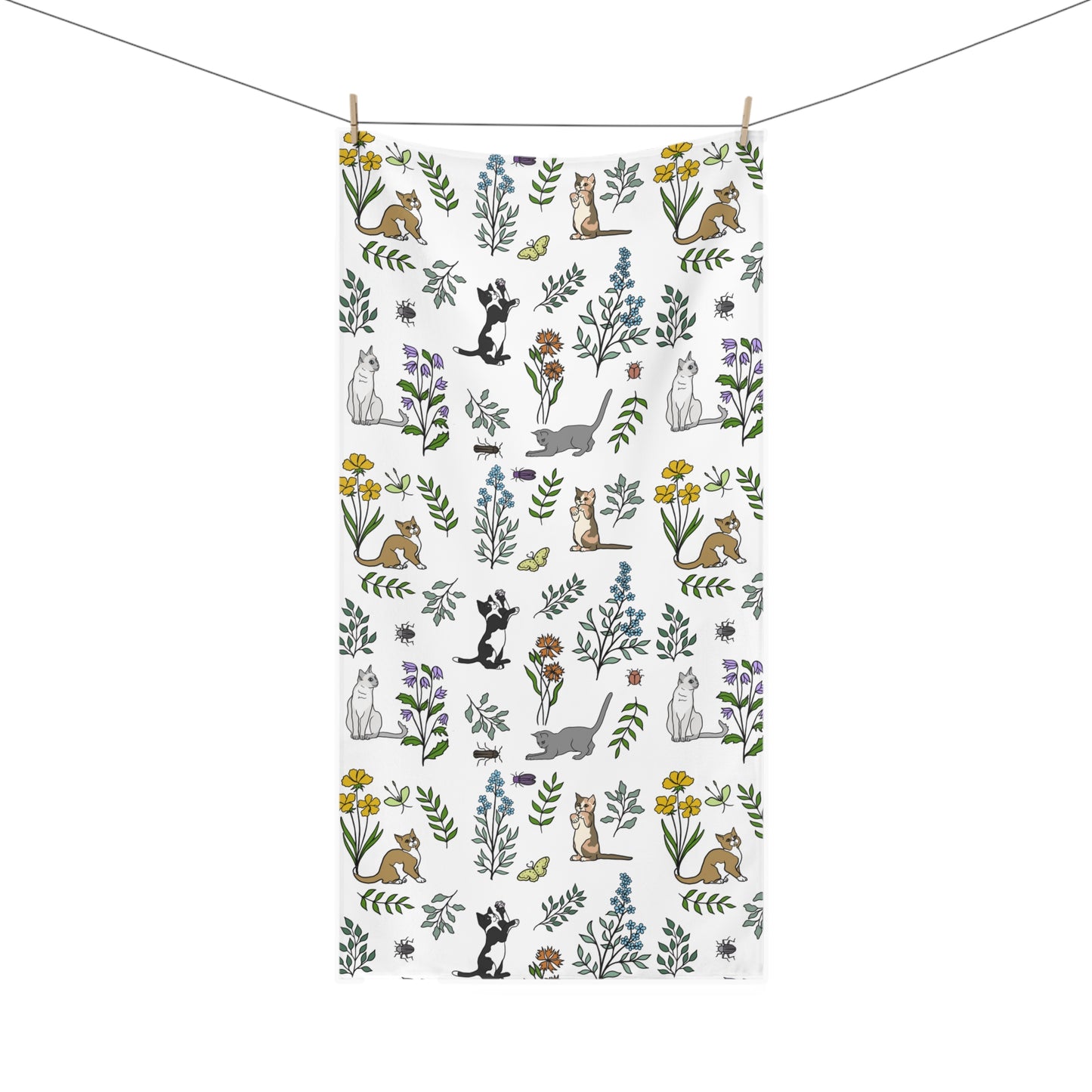 Charming Spring Meadow Kittens Towel, Cat Lover Gift, Botanical Print Towel, Soft Mink-Cotton Towel, Home Décor, Cute Animal Towel