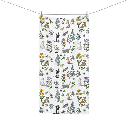 Charming Spring Meadow Kittens Towel, Cat Lover Gift, Botanical Print Towel, Soft Mink-Cotton Towel, Home Décor, Cute Animal Towel