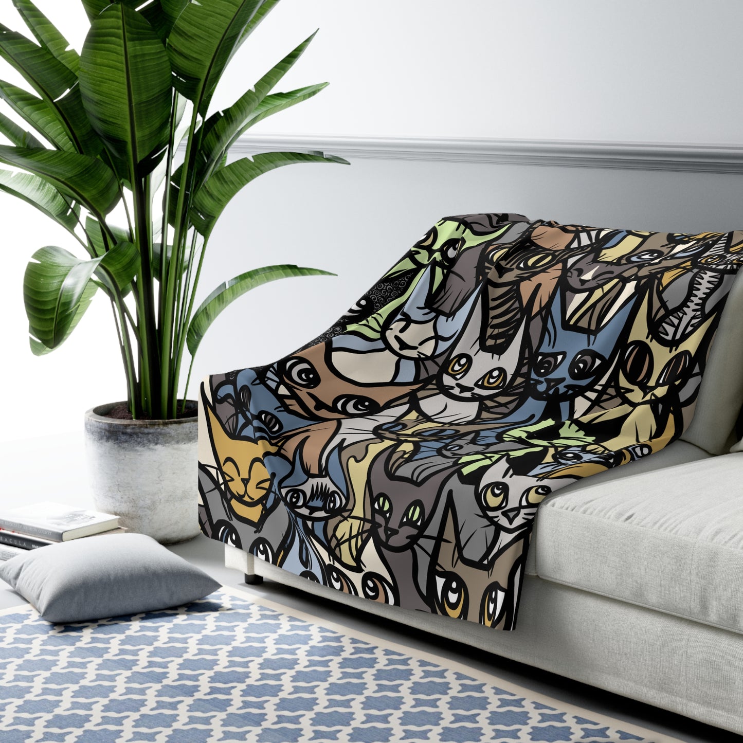 Super Soft Sherpa Fleece Blanket, 'Cozy Crowd' in Brown, Blue and Green