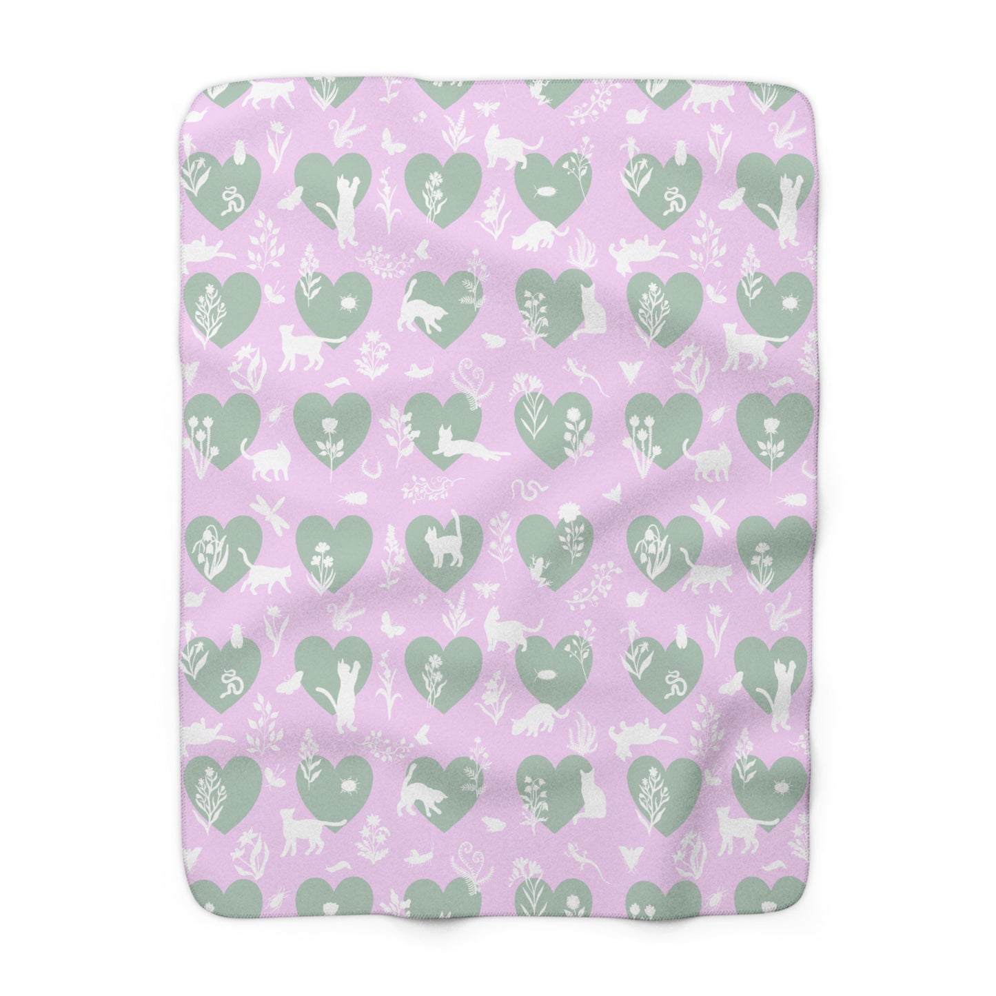 'Heart Cats' Sherpa Fleece Blanket, Pink&Seafoam