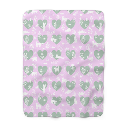 'Heart Cats' Sherpa Fleece Blanket, Pink&Seafoam