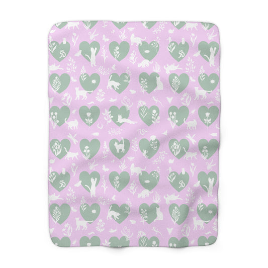 'Heart Cats' Sherpa Fleece Blanket, Pink&Seafoam