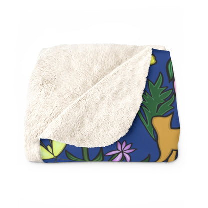 Flower Garden Cats Sherpa Fleece Blanket in Deep Blue, Super Soft, Home Decor, Gift for Nature Lovers, Warm Cozy Blanket f