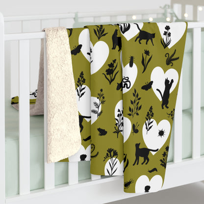 'Heart Cats' Sherpa Fleece Blanket, Olive