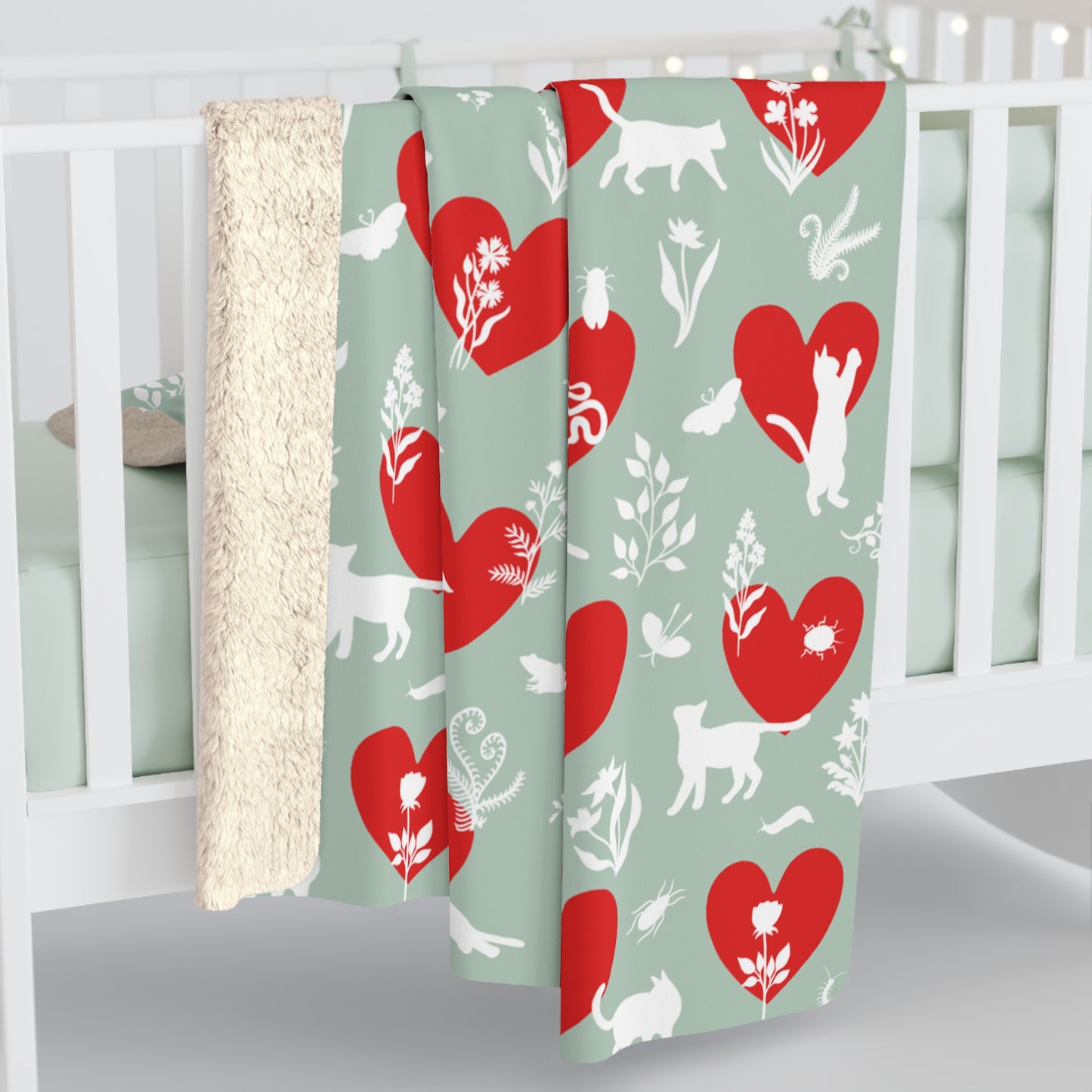 'Heart Cats' Sherpa Fleece Blanket, Seafoam&Red