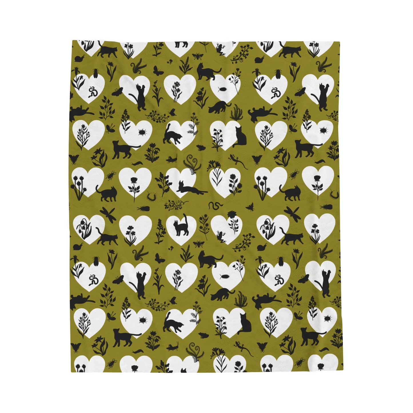 Adorable 'Heart Cats' Velveteen Plush Blanket, Olive