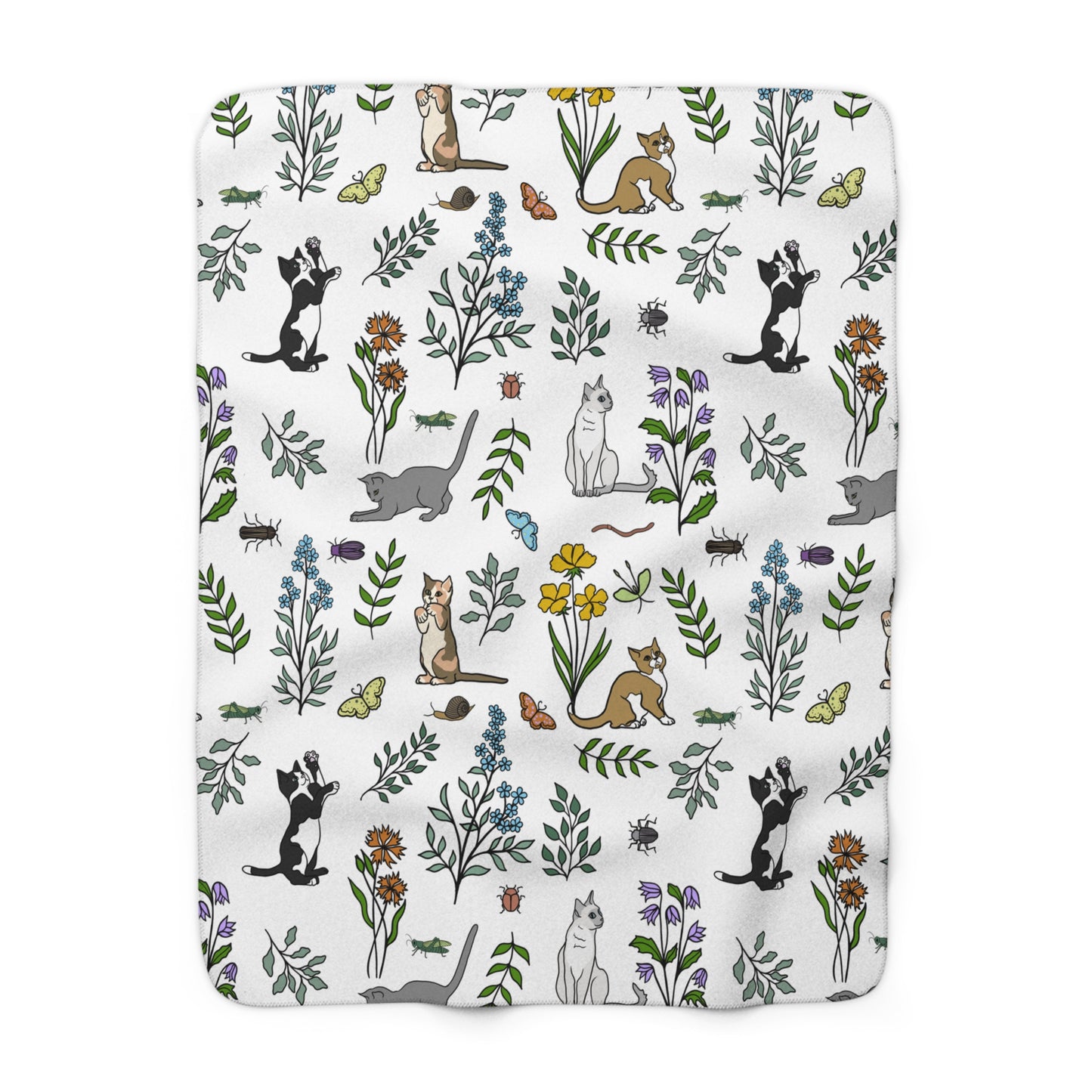 Cozy Spring Cats at Play Fleece Blanket, Super Soft Floral Sherpa Throw, Perfect for Cat Lovers, Home Decor, Gift for Her