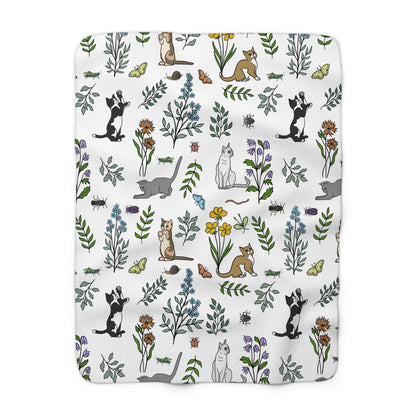 Cozy Spring Cats at Play Fleece Blanket, Super Soft Floral Sherpa Throw, Perfect for Cat Lovers, Home Decor, Gift for Her