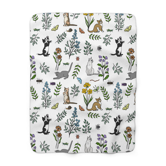 Cozy Spring Cats at Play Fleece Blanket, Super Soft Floral Sherpa Throw, Perfect for Cat Lovers, Home Decor, Gift for Her