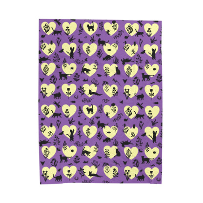 Adorable 'Heart Cats' Velveteen Plush Blanket, Purple&Yellow