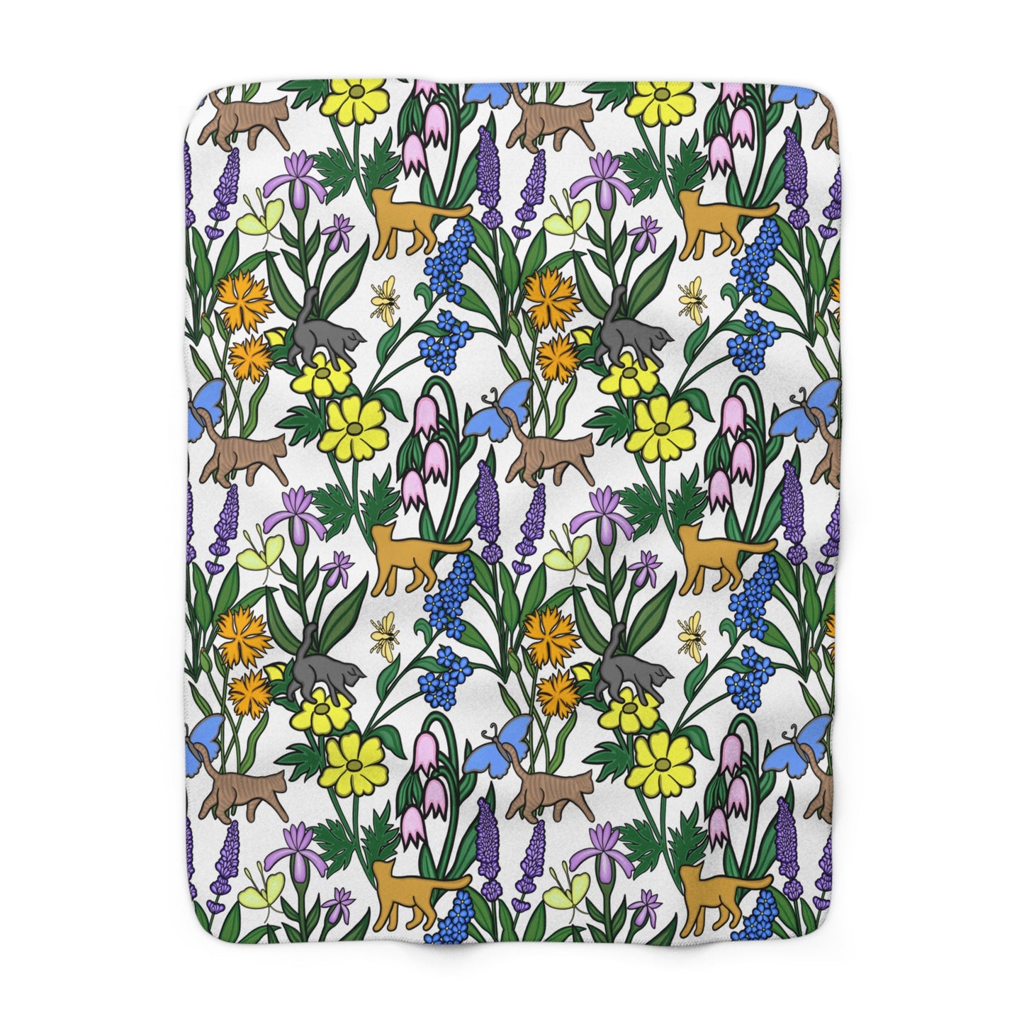 Luxurious, Super Soft Sherpa Fleece Blanket, Flower Garden Kitties