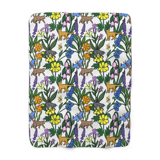 Luxurious, Super Soft Sherpa Fleece Blanket, Flower Garden Kitties