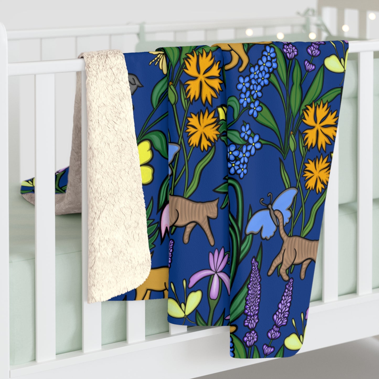 Flower Garden Cats Sherpa Fleece Blanket in Deep Blue, Super Soft, Home Decor, Gift for Nature Lovers, Warm Cozy Blanket f