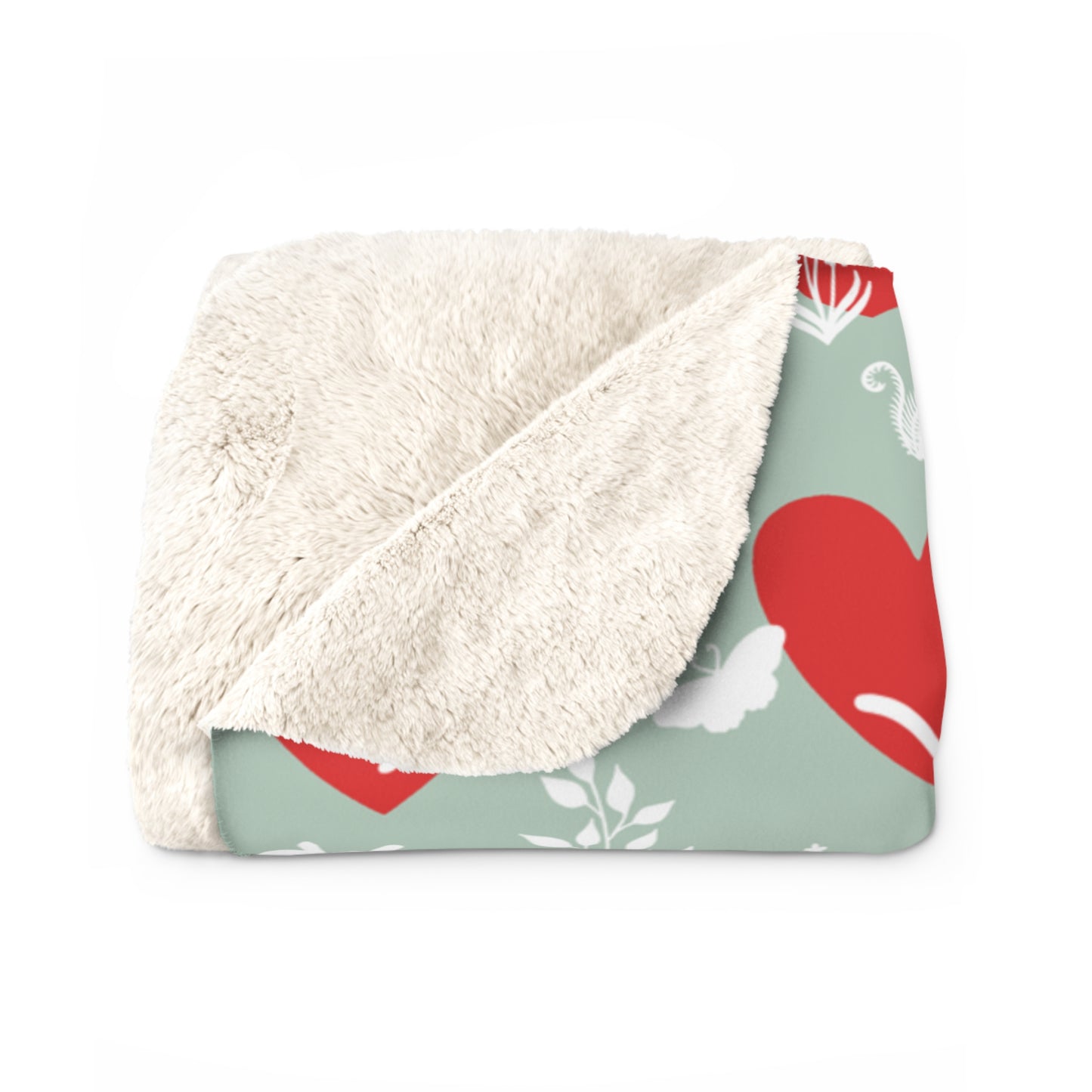 'Heart Cats' Sherpa Fleece Blanket, Seafoam&Red