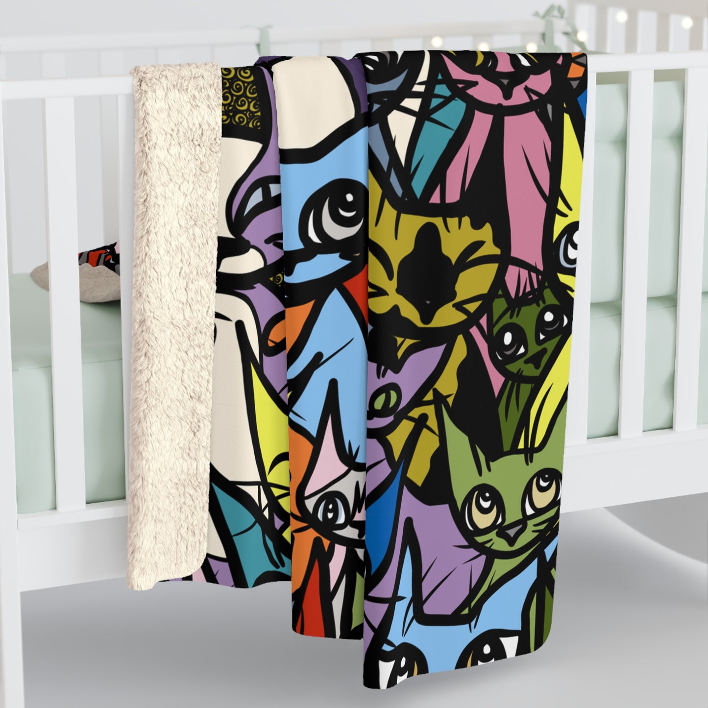 Whimsical 'Cozy Crowd' Cat Sherpa Blanket - Cozy Cat Lover Gift for Home Decor, Living Room Blanket, Cute Cat-Themed Gift, Super Soft