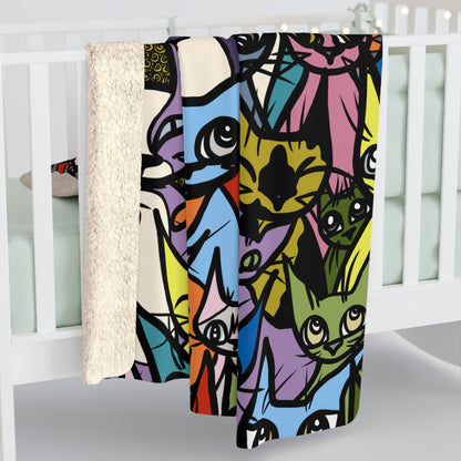 Whimsical 'Cozy Crowd' Cat Sherpa Blanket - Cozy Cat Lover Gift for Home Decor, Living Room Blanket, Cute Cat-Themed Gift, Super Soft