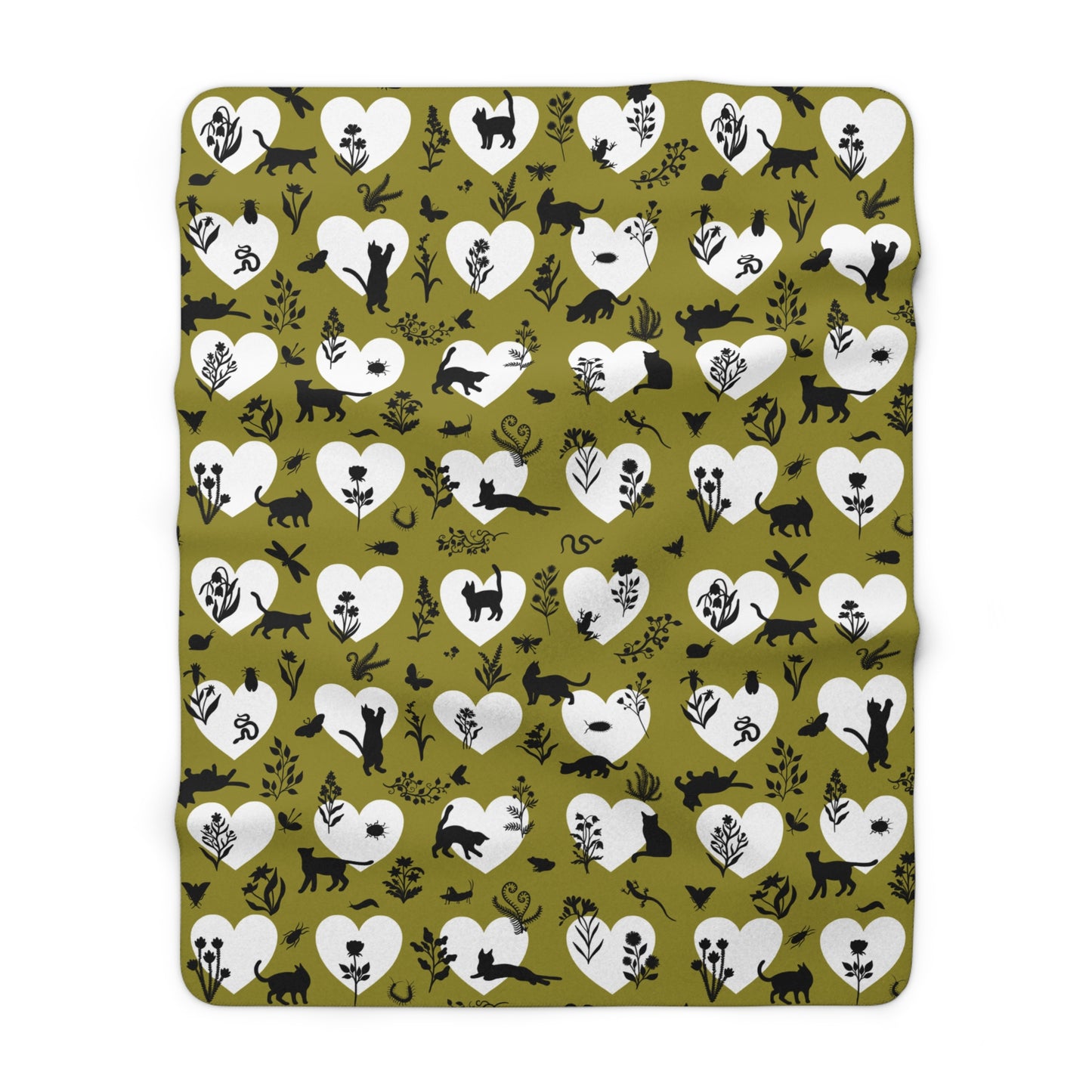 'Heart Cats' Sherpa Fleece Blanket, Olive