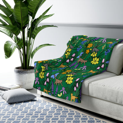 Flower Garden Cats Sherpa Fleece Blanket in Brunswick Green, Super Soft, Home Decor, Gift for Nature and Cat Lovers