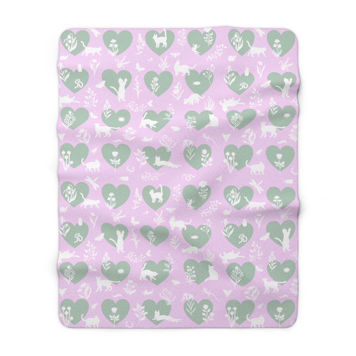 'Heart Cats' Sherpa Fleece Blanket, Pink&Seafoam