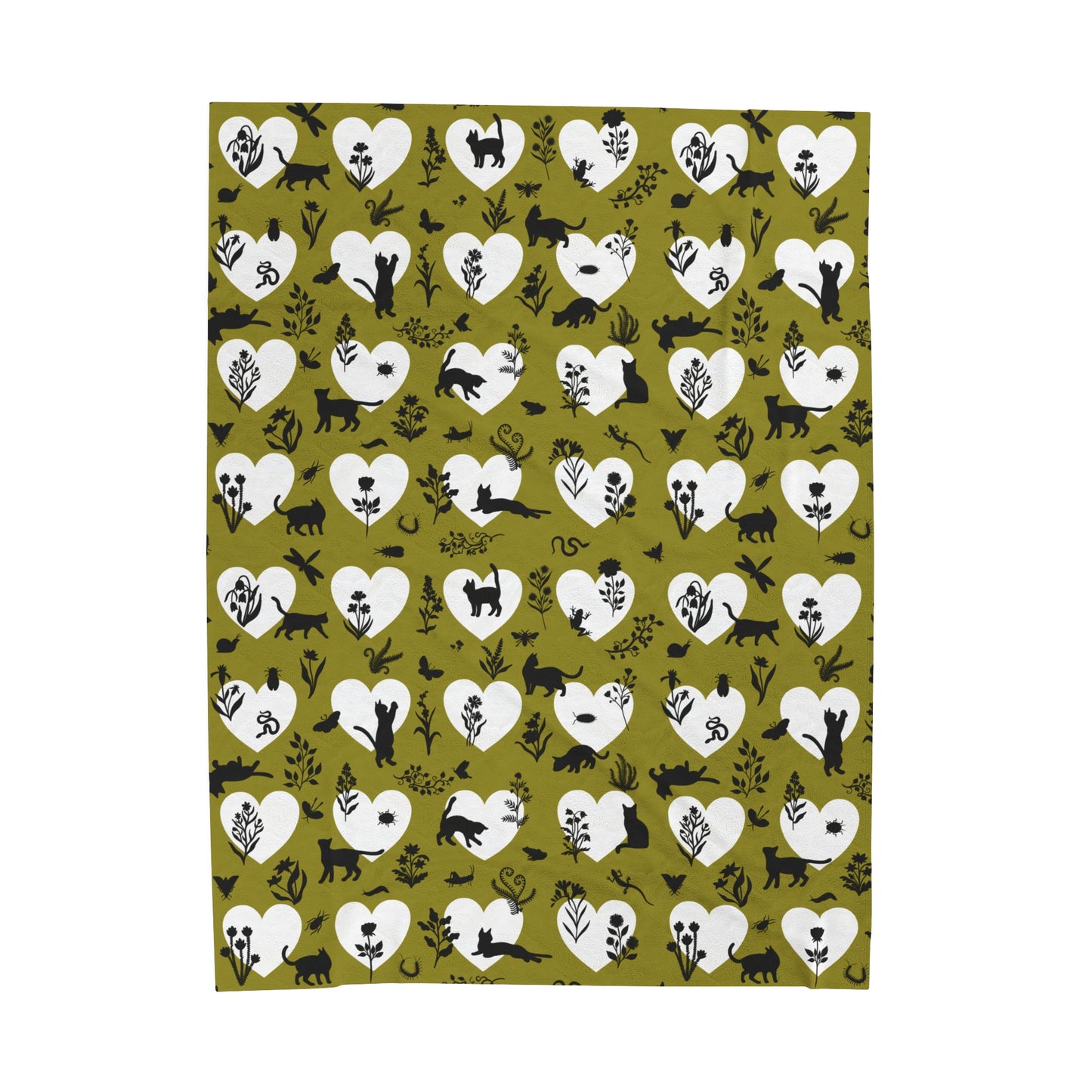 Adorable 'Heart Cats' Velveteen Plush Blanket, Olive