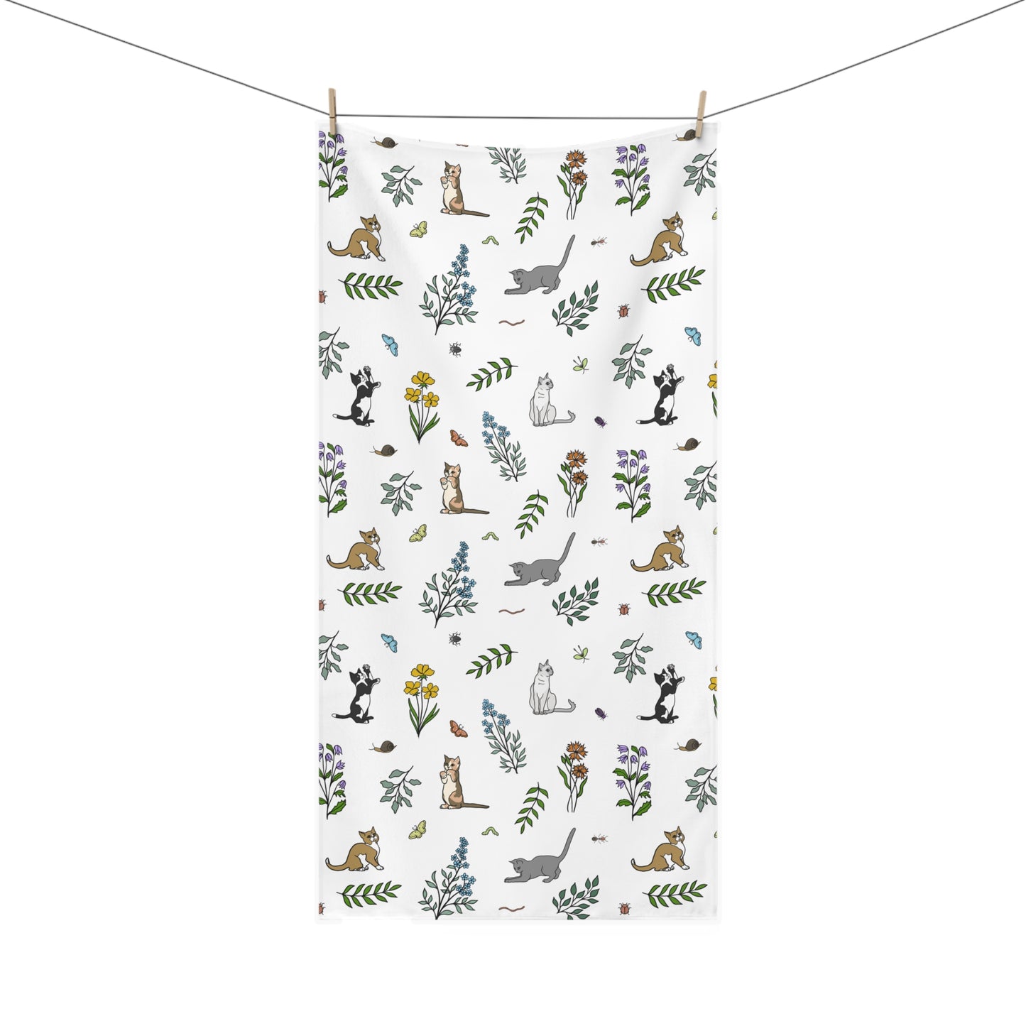 Wildflower Kittens and Bugs Towel, Large Bath, Cat Lover Gift, Botanical Print Towel, Soft Mink-Cotton Towel, Home Décor, Cute Animal Towel