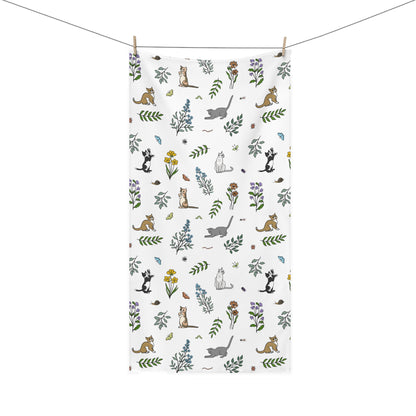 Wildflower Kittens and Bugs Towel, Large Bath, Cat Lover Gift, Botanical Print Towel, Soft Mink-Cotton Towel, Home Décor, Cute Animal Towel