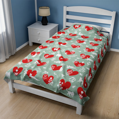 Adorable 'Heart Cats 'Velveteen Plush Blanket,  Seafoam&Red